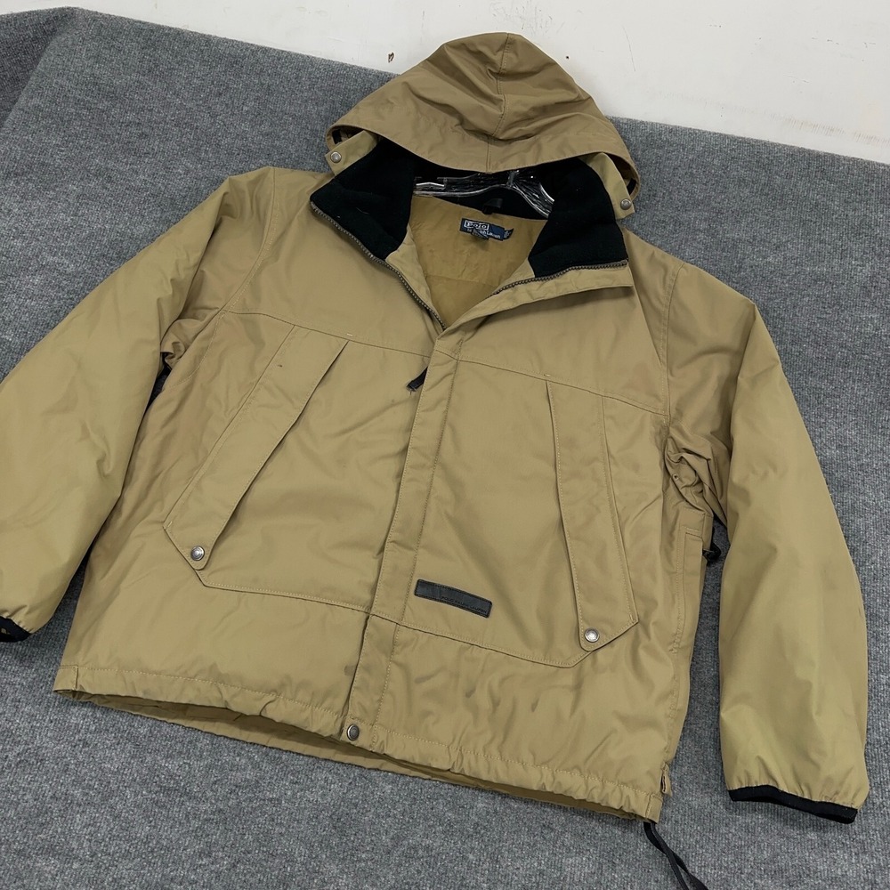 Vintage Polo Ralph Lauren Mens Down Puffer Jacket Coat Mens XL Tan Hooded Bomber